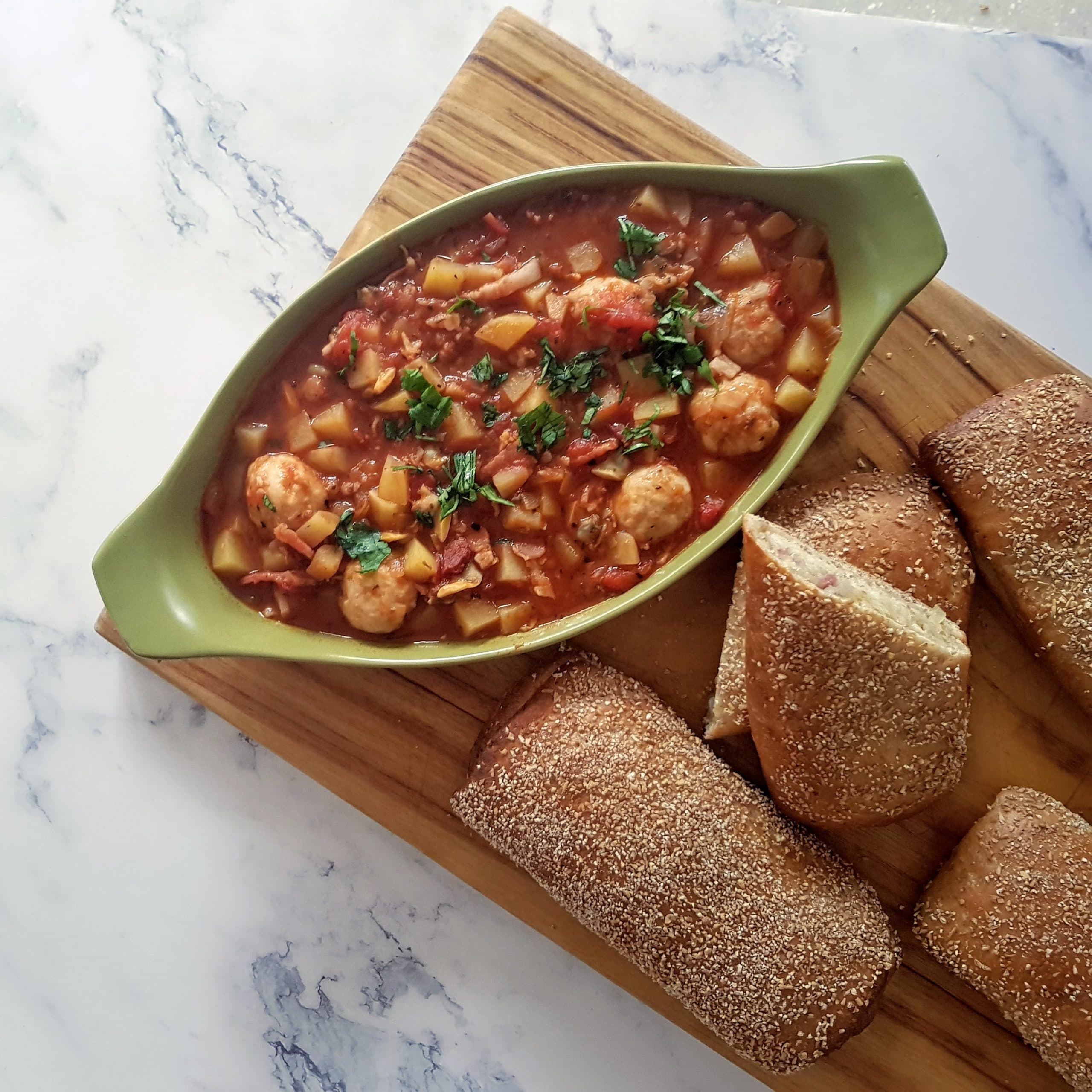 Manhattan Clam Chowder with Bacon Bread